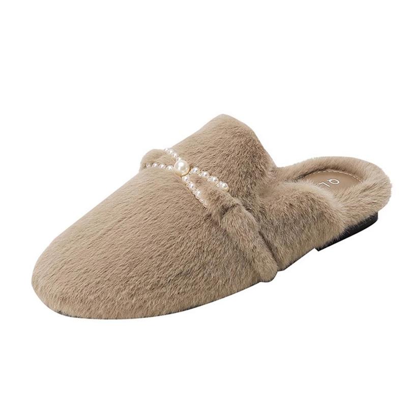 Женские пушистые тапочки с бусинами и мехом, короткие плюшевые хлопковые зимние мюли, тренд 2025 года, для ходьбы, теплая, удобная, для дома и снега, женские тапочки