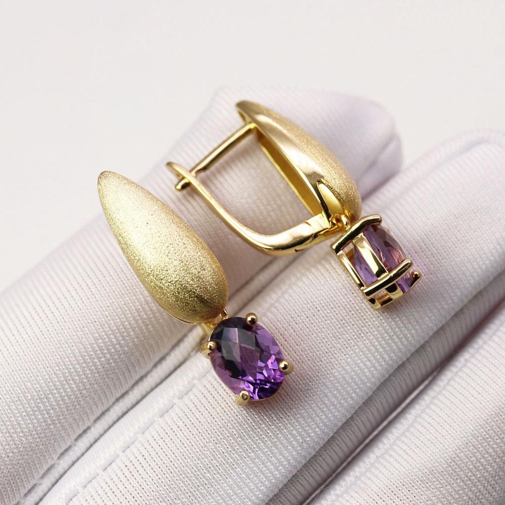 Bolaijewelry Checkboard Cut Natural Amethyst Oval 6*8mm Gemstone Ring Earrings Jewelry Set 925 Sterling Silver Fashion Women's Fine Jewelry