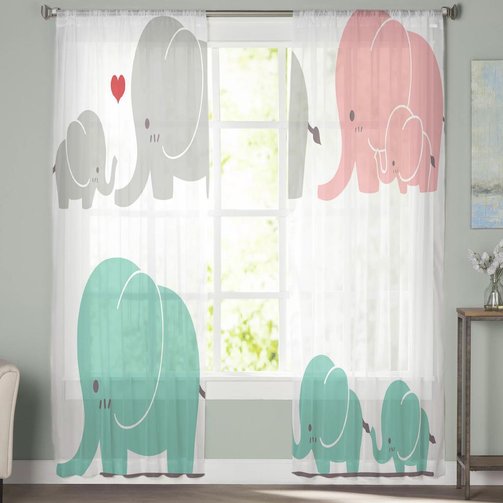 Animal Cute Elephant Love Cartoon Tulle Curtains for Kids Bedroom Living Room Window Treatments Sheer Voile for Kitchen Drapes