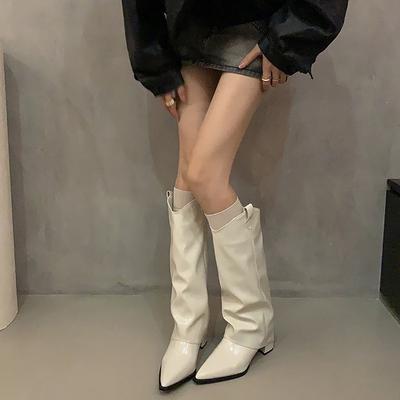 Мода Осень Зима Уличный Стиль Женские Сапоги до Колена Обувь Мода Слипоны Острый Носок Женские Элегантные Толстый Каблук Современные Длинные Боты