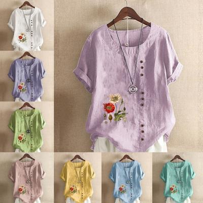 Женская мода, футболка с круглым вырезом и короткими рукавами с принтом цветов и растений, повседневная хлопково-льняная рубашка с рисунком, свободная летняя блузка для отдыха, топы