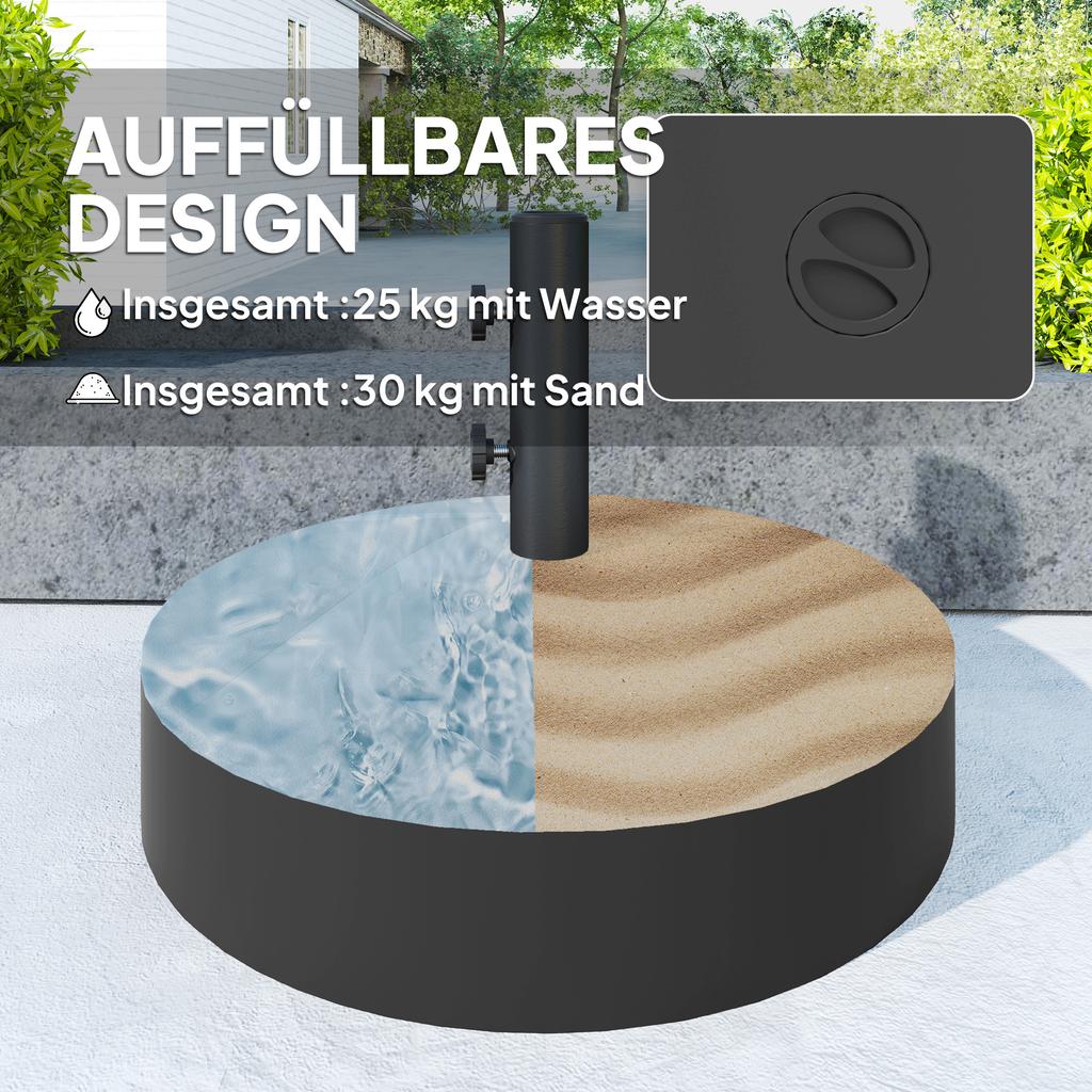 Parasol base, fillable up to 30 kg. Round parasol holder for parasols 36/38/48 mm. Black