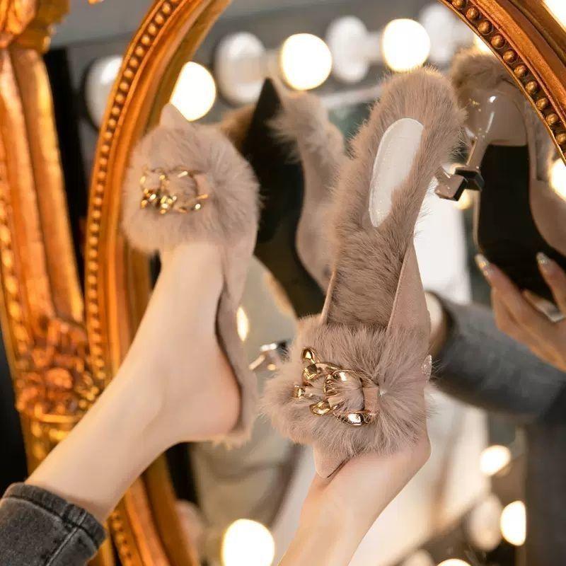 Корейская версия дизайна нишевый имперский сестринский стиль пушистые тапочки для круглогодичного ношения тонкий каблук зимние тапочки на высоком каблуке полусапожки