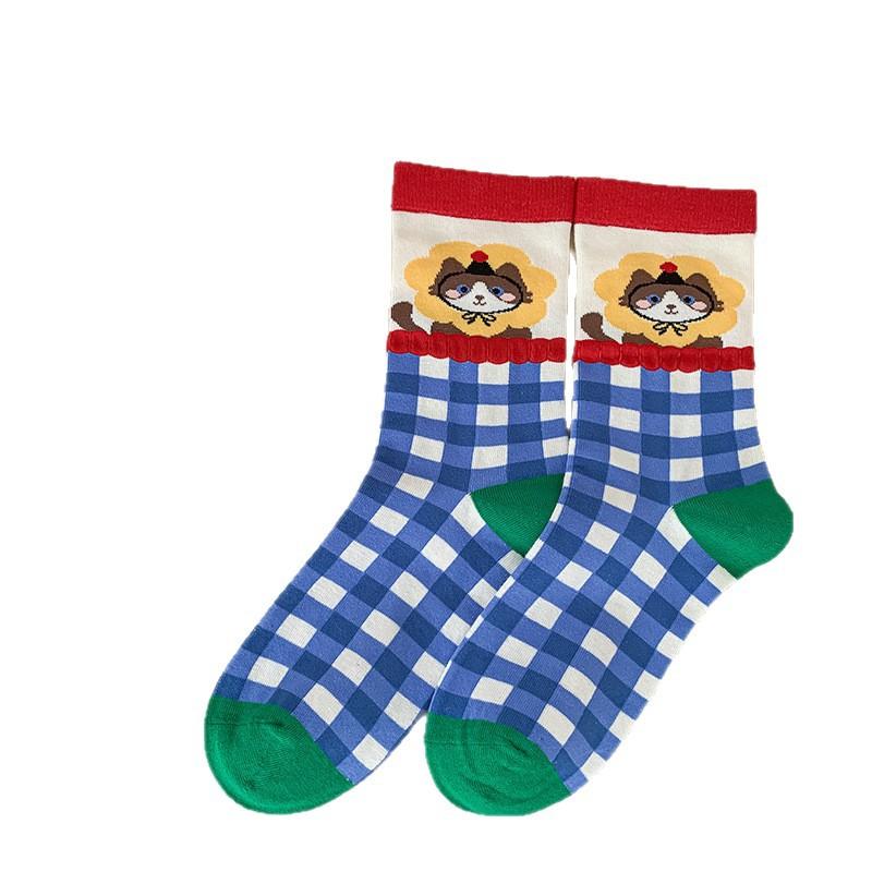 Осенние женские носки, носки до середины икры, махровые носки с мультяшным котом, студенческие носки для женщин