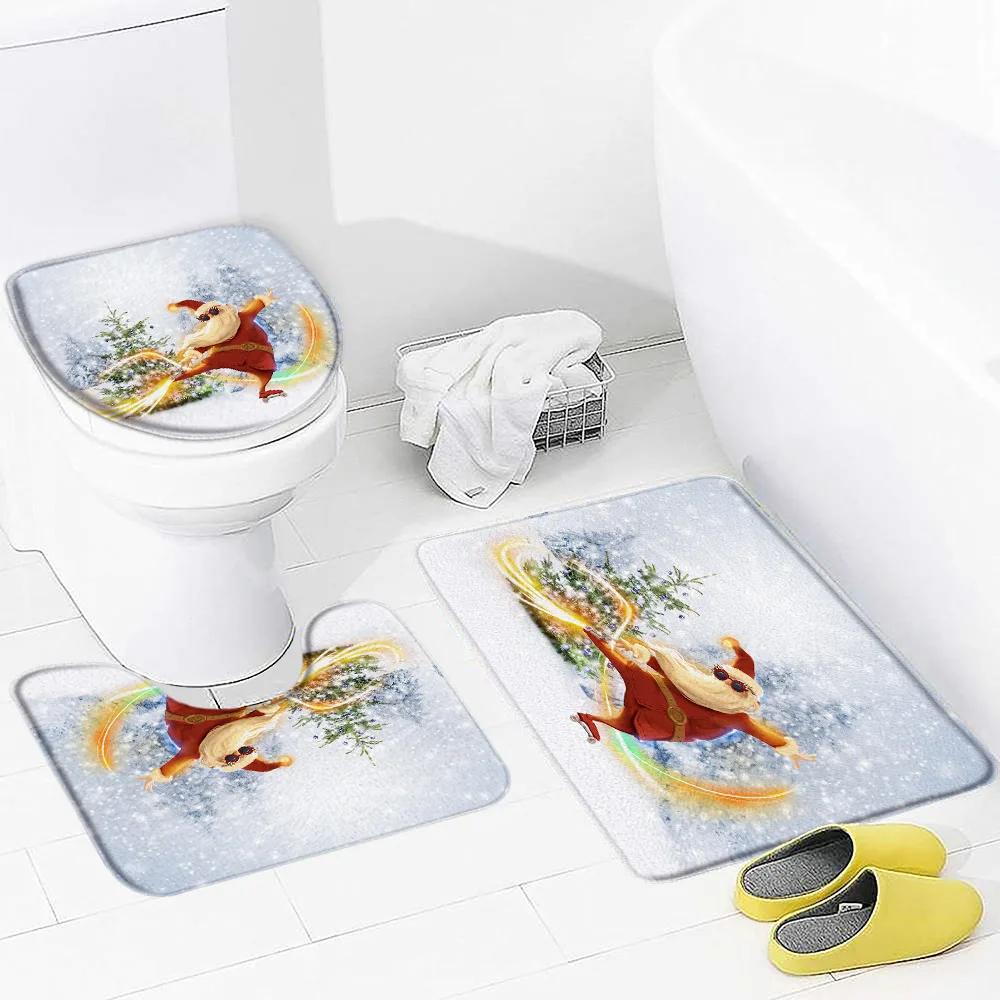 Christmas 3pcs Set Bath Mat Cute Snowman Red Bow Winter New Year Bathroom Decor Anti Slip Flannel Foot Mats Rug Carpets Washable