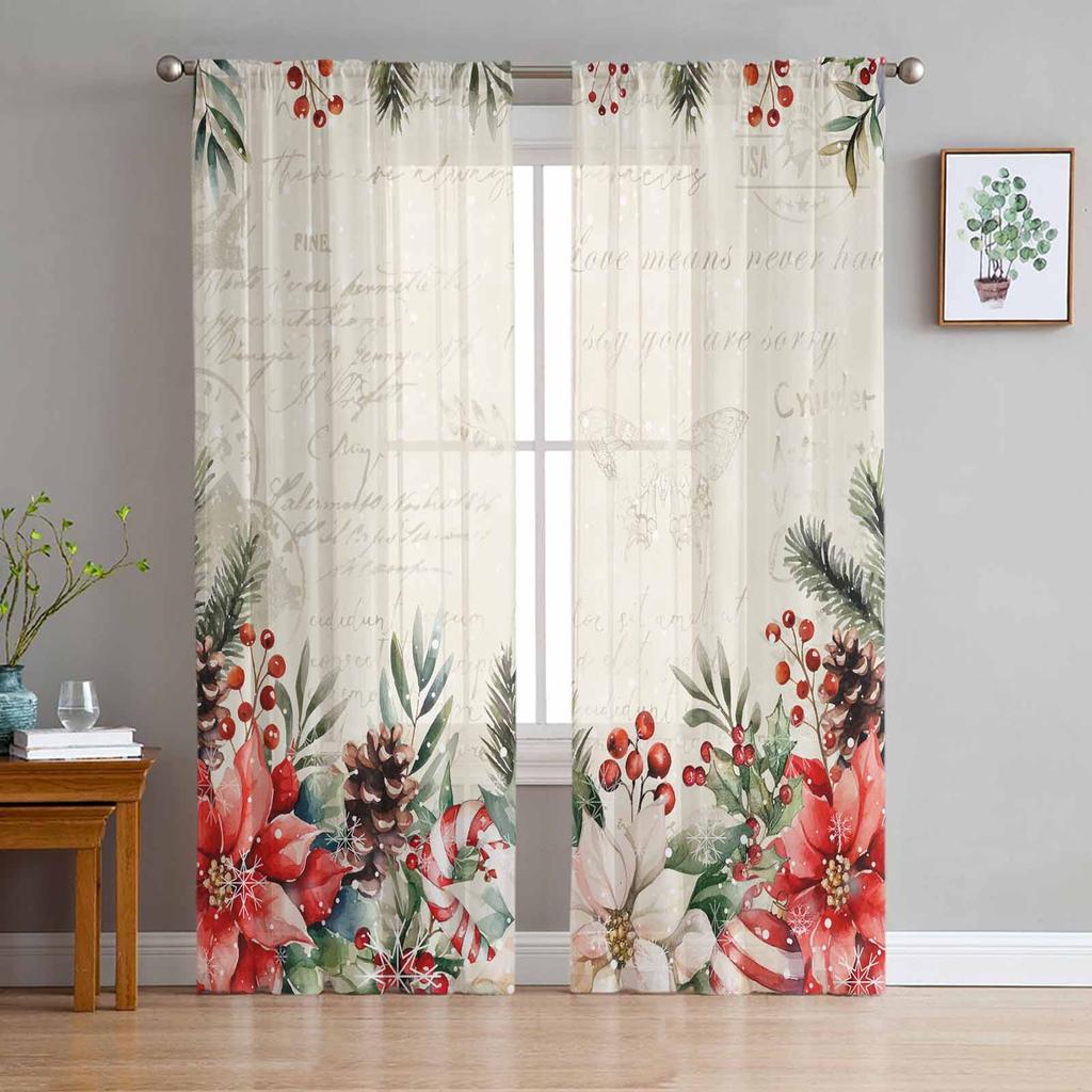 Christmas Poinsettia Berry Curtains For Living Room Bedroom Home Decoration Window Voile Tulle Curtain Drapes