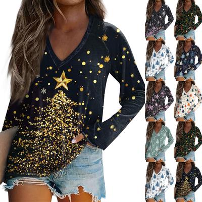 Женская футболка с длинным рукавом и V-образным вырезом с рождественским принтом, повседневные базовые топы