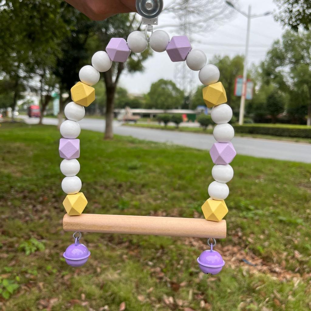 Pet Toy Parrot Bird Swing Macaron Colored Bell Solid Wood Environmentally Friendly Hanging Bird Cage Stand Pole Pet Supplies