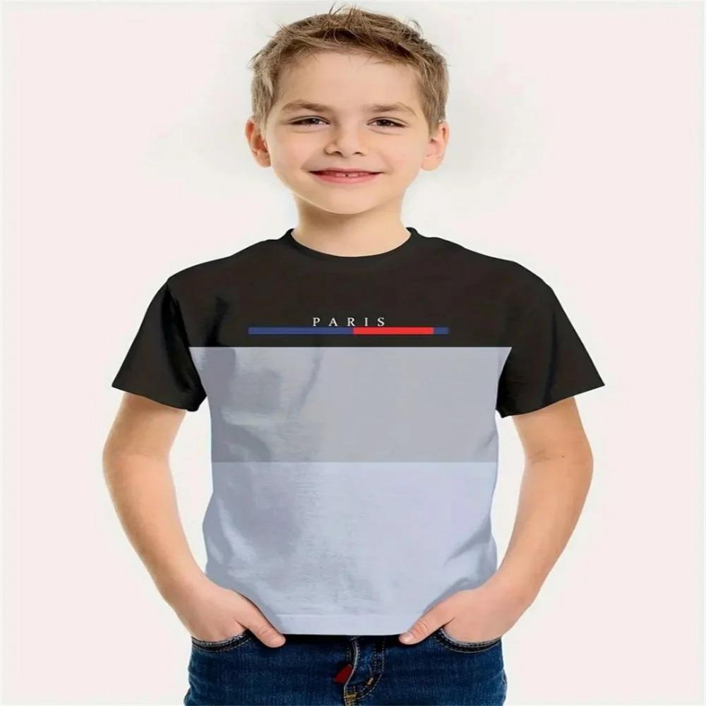Summer new minimalist children's printed 3D short sleeved T-shirt, minimalist children's fashion T-shirt, boys' round neck T-shirt