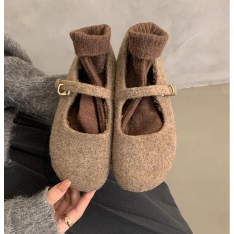 New Square Toe Fleece Ballet Flats Woman Winter Warm Wool Mary Jane Shoes Ladies Brand Design Elegant Plush Loafers