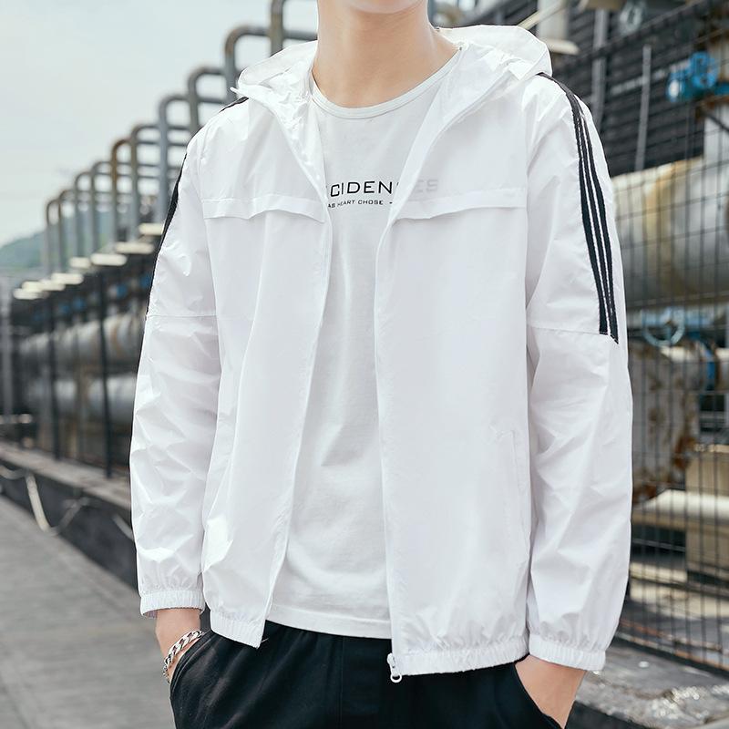 Летняя солнцезащитная куртка, мужская модная универсальная куртка из ледяного шелка в полоску с капюшоном, повседневная легкая ветровка для рыбалки на открытом воздухе