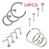 14Pcs/Set Stainless Steel Hinged Segment Nose Ring Bone Studs Hoop Body Piercing