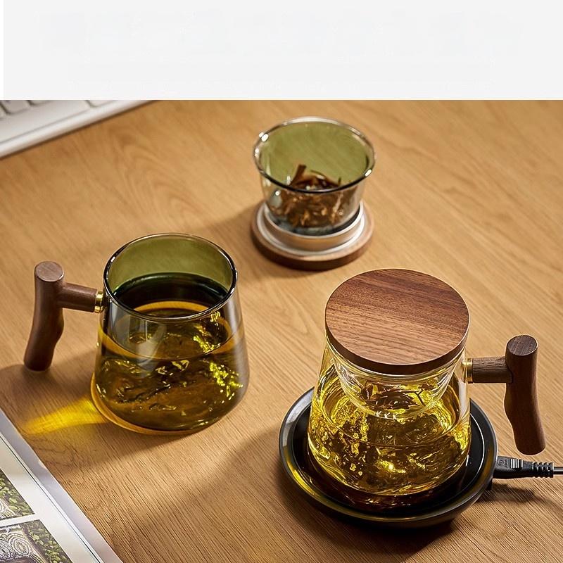 400ml Glass Tea Cup Walnut Anti Scald Handle Thickened Cup Chinese Far Mountain Design High Borosilicate Glass Tea Cup
