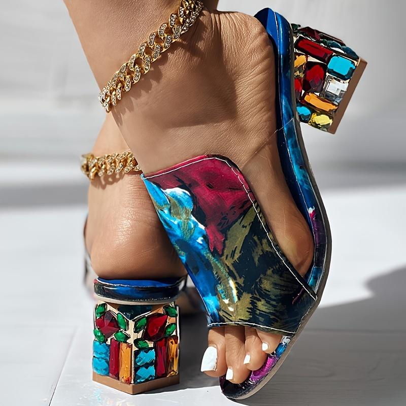 Женские сандалии с вышивкой и декором из стразов, шлепанцы без шнуровки на блочном каблуке с открытым носком, летняя удобная повседневная обувь