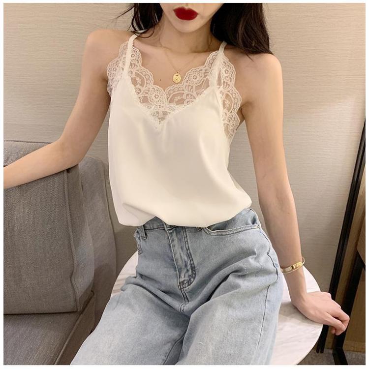 White Suspender Female Lace Vest Summer Suit with V-neck Large Top Lace Bottom Loose Solid Casual Top