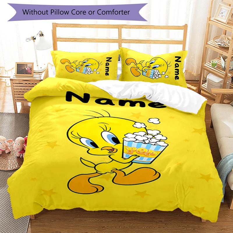 3pcs Custom Name Tweety Bedding Set Duvet Cover Closure Includes 1 Duvet Cover & 2 Pillowcases for All Seasons Bedroom Decor
