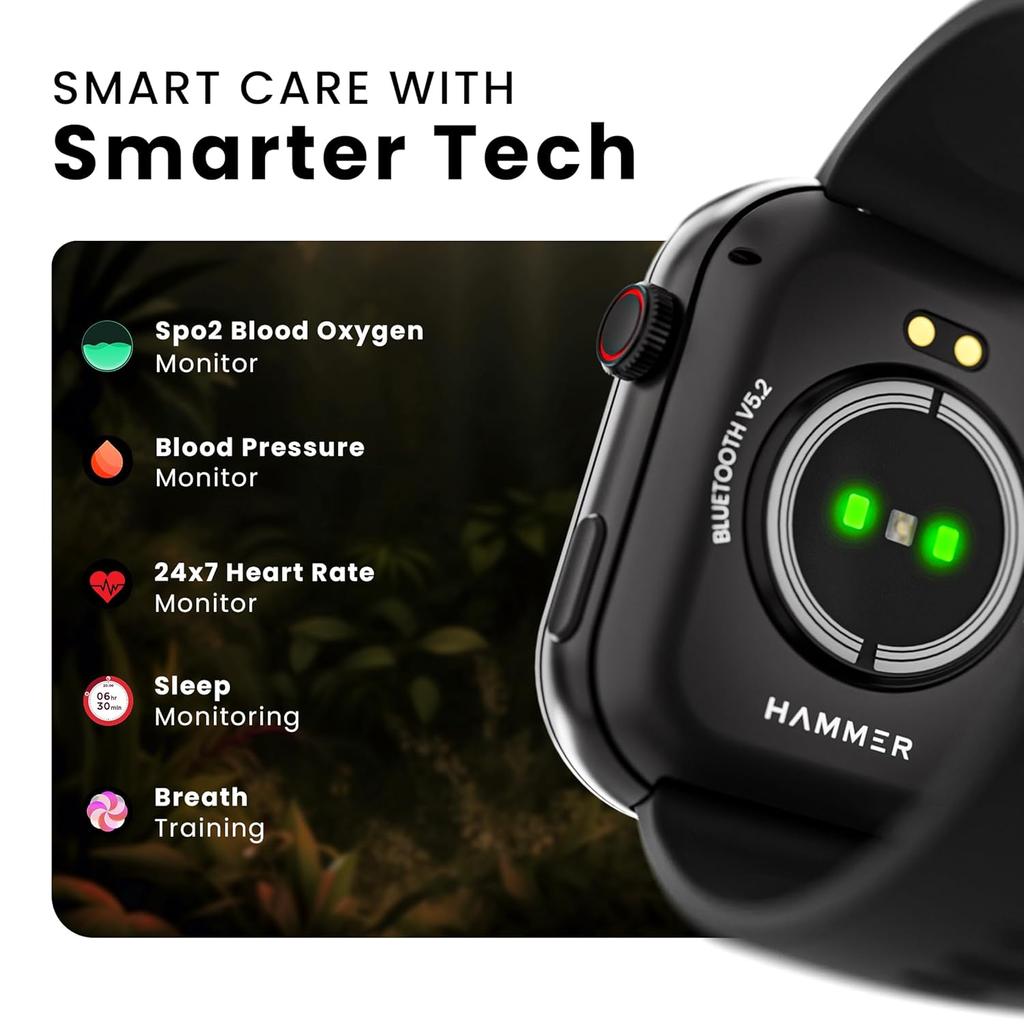 Hammer Умные часы Tussle с дисплеем HD 2,01 дюйма, возможностью звонков по Bluetooth, вращающейся заводной головкой, голосовым помощником, встроенными играми, интеллектуальными уведомлениями, пудрово-черный цвет