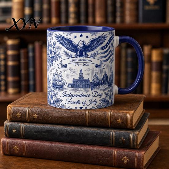 Independence Day Cup USA 250th Anniversary Blue Mug, Patriotic Ceramic Coffee with Heritage Eagle Flag Design, Gift for Veterans Men Women Durable