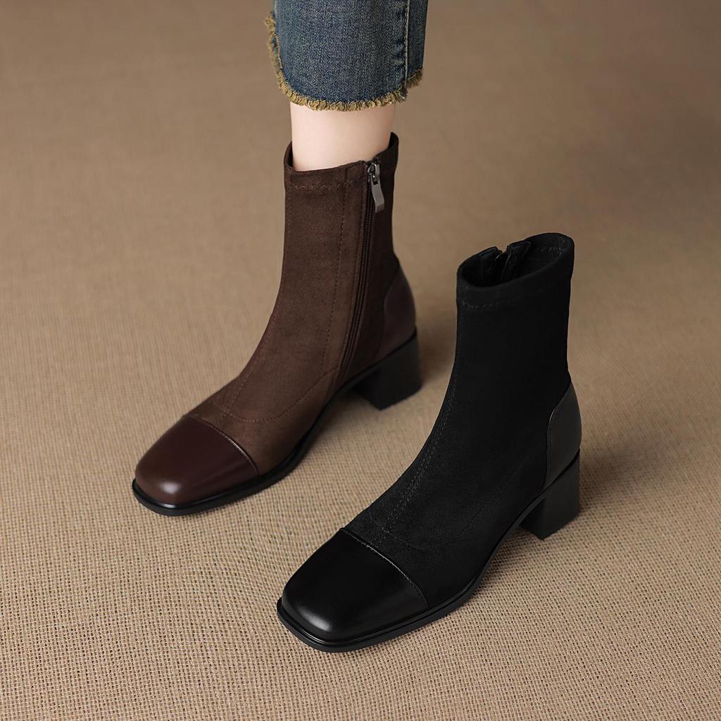 Krazing Pot Микрофибра Флок Квадратный Носок Средний Каблук Эластичные Сапоги Размер 43 Молния Женские Базовый Дизайн Ботильоны