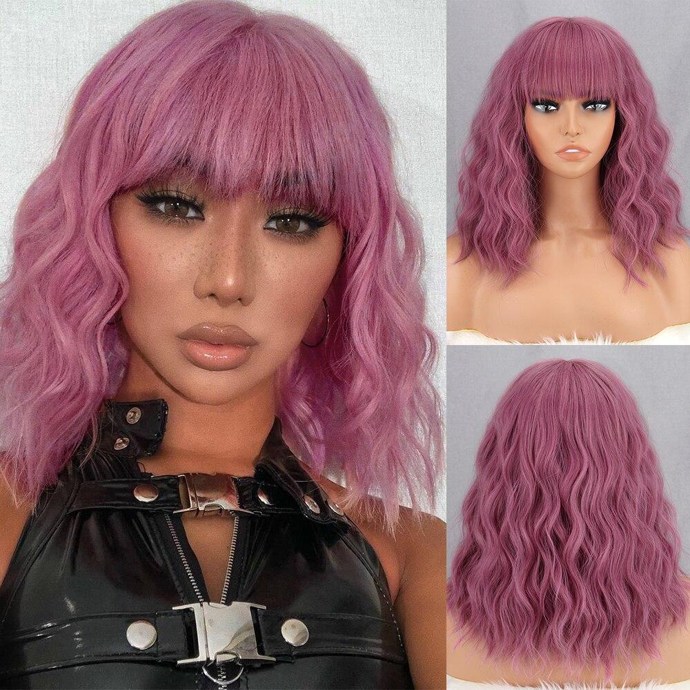 MISS WIG Короткие и волнистые синтетические парики с бахромой для женщин, термостойкое волокно фиолетового цвета, волнистый парик до плеч, вечерние косплей