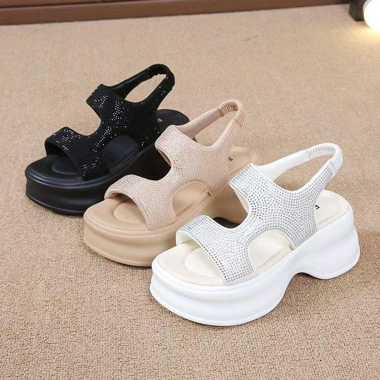 New Thick-soled Women's Sandals Women's Summer Stepping On Shit Feeling Versatile and Not Tired Feet Muffin Bottom Rhinestone Roman Shoes