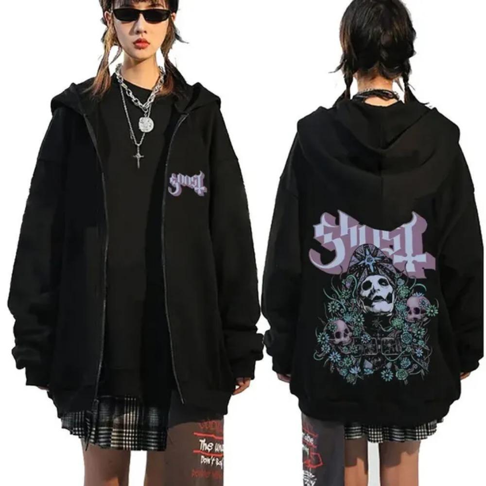 Толстовка с капюшоном Ghost Band Zipper, осень-зима, для мужчин и женщин, повседневная, свободного покроя, мужская, винтажная, готическая, рок, металлическая, на молнии