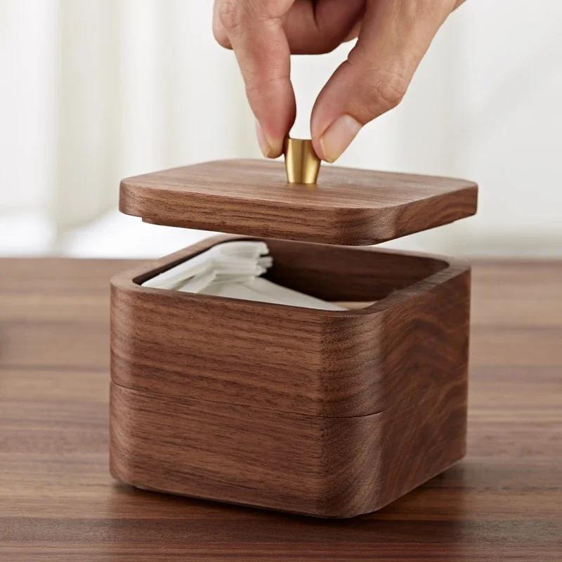 Черный ореховый деревянный настольный ящик для хранения зубочисток, ватных палочек, небольшая пылезащитная ювелирная шкатулка высокого класса из цельного дерева