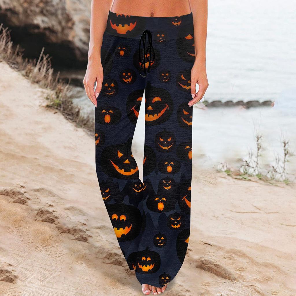 Женские удобные пижамные штаны с карманами на Хэллоуин и принтом на шнуровке, широкие брюки
