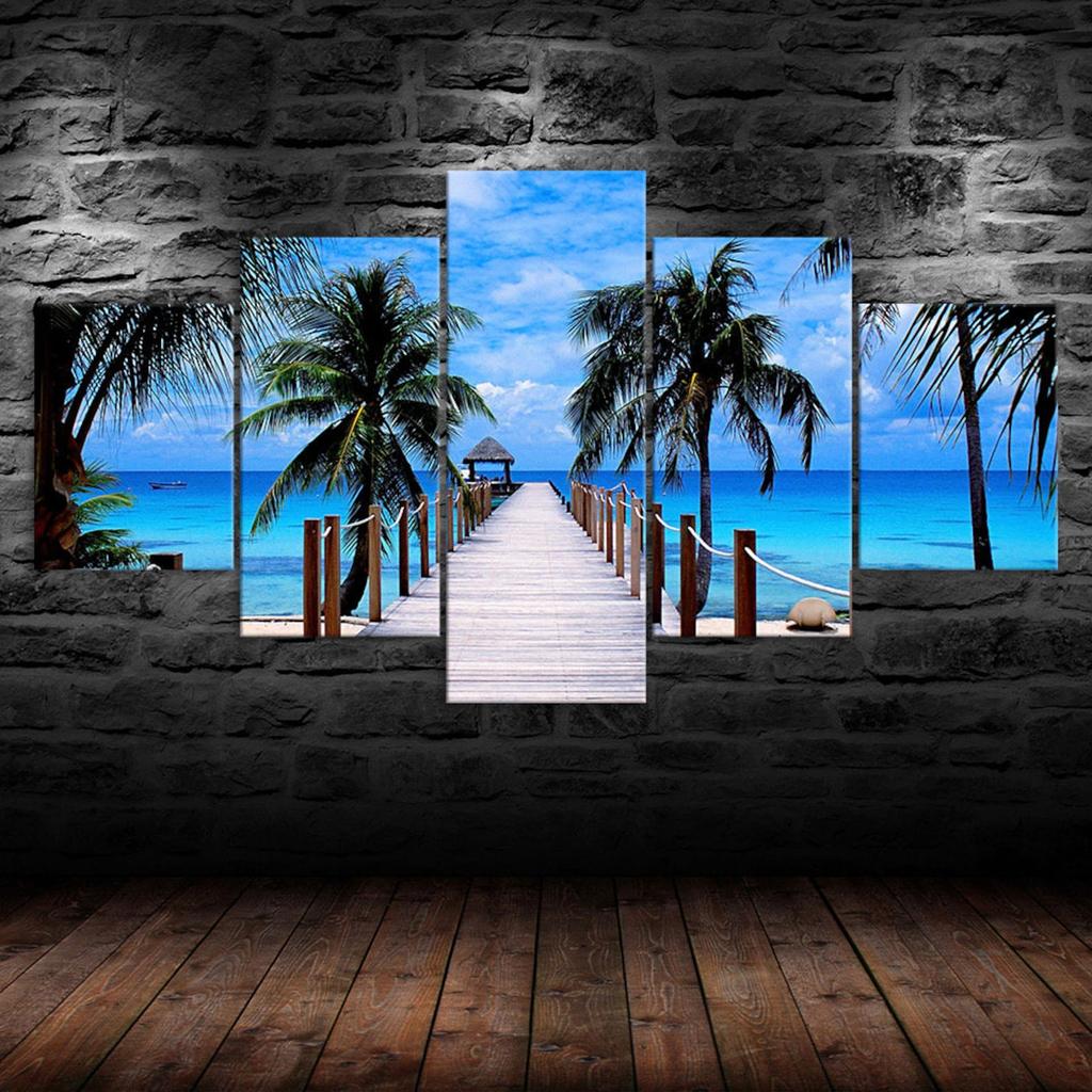 Beach Palm Trees Bridge Seascape 5 Piece Five Panel Wall Canvas Print Modern Art Poster Pictures Home Decor Gift For Him For Her