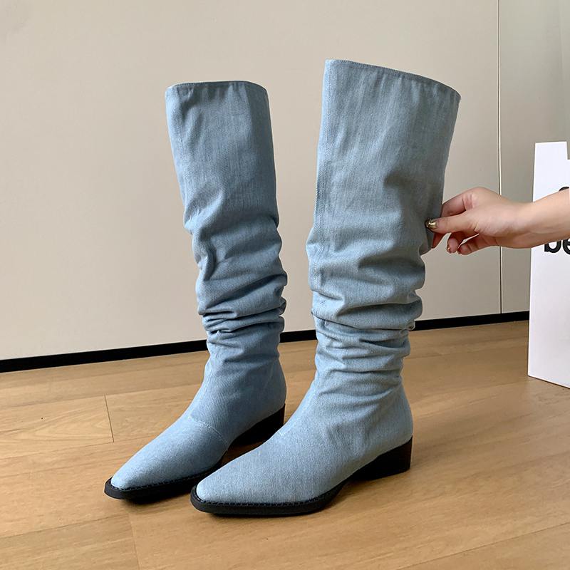 Krazing Pot Джинсовая осенне-зимняя обувь, круглый носок, толстый средний каблук, без шнуровки, плиссированные сапоги в стиле вестерн, женские сапоги до бедра