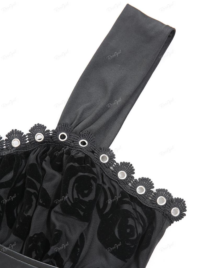 Rosegal Plus Size Rose Flowers Flocking Mesh Lace-up Grommets Lace Trim Asymmetrical Tank Top