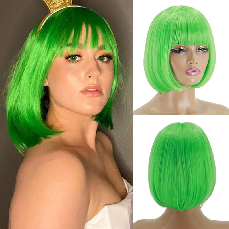 MERISIHAIR Women Synthetic Cosplay Fluorescent Green Wig Short Straight Bob Hair with Bangs Green Purple Light Blonde Pink Red Wine Halloween Wig