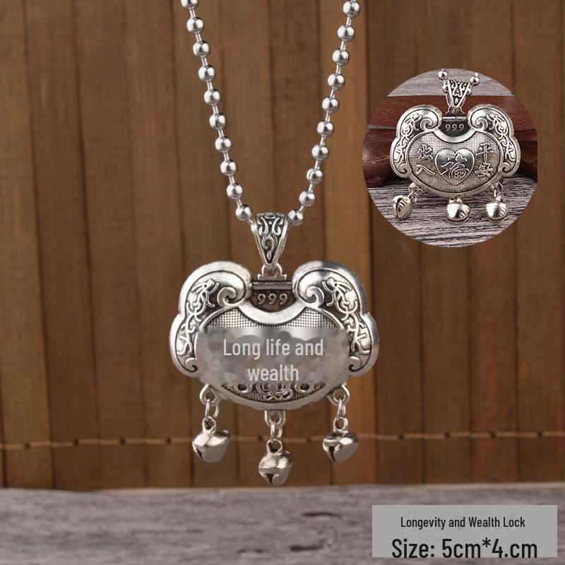Retro Silver Peace Lock Pendant Necklace - Four-sided Wealth Women's Long Sweater Chain In National Style