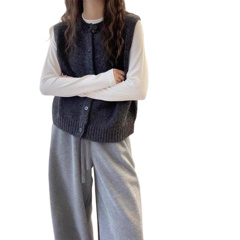 Korean Chic Grey Sleeveless Single-Breasted Knitted Vest for Women