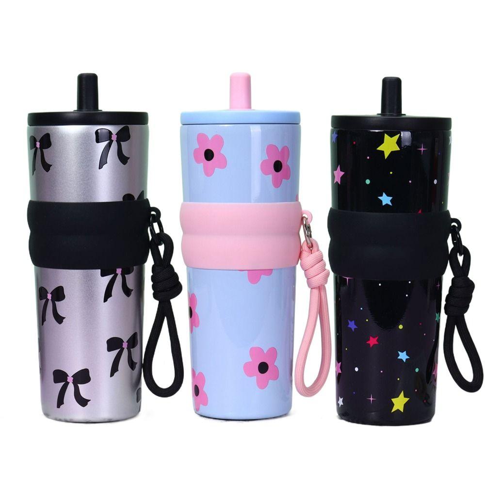 With Lifting Rope Vacuum Cup Bow Cherry Flower Print Insulated Cup Boys and Girls