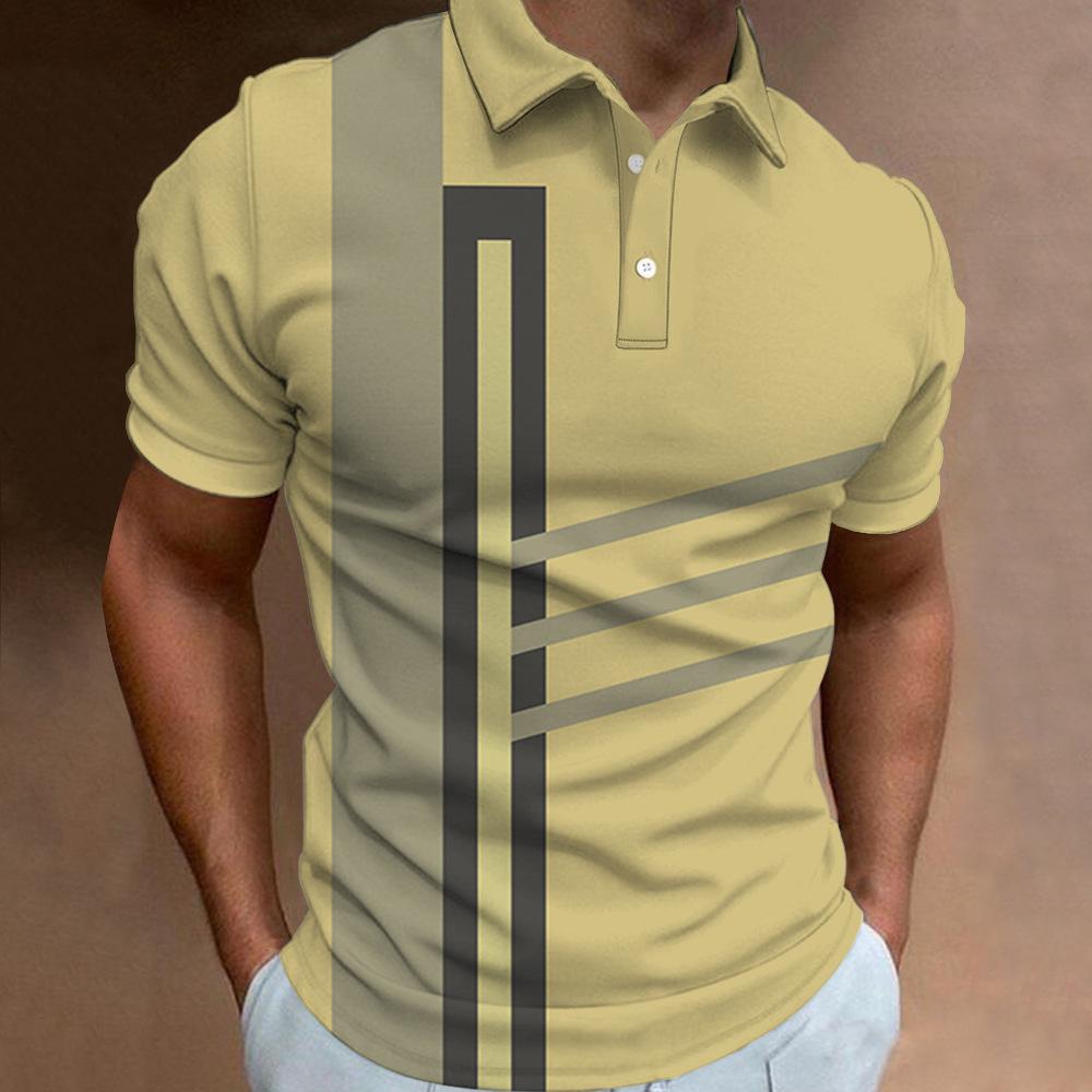 Мужская модная рубашка поло с коротким рукавом и лацканами с 3D-цифровой печатью, полосатая рубашка поло
