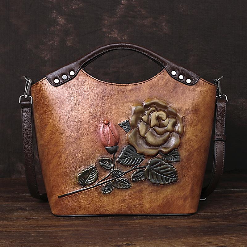 First Layer Cowhide Tote Large Capacity Rose Bag Vintage Tote Bag