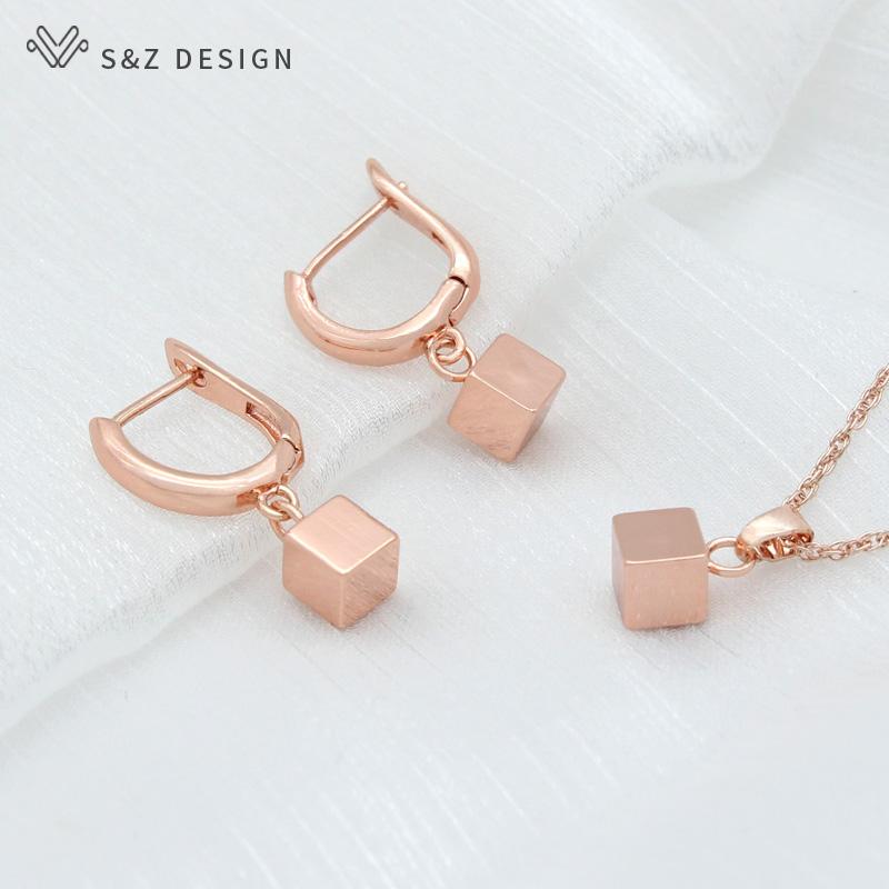 Модные простые серьги цвета розового золота, гладкие кубические металлические серьги-капли, комплекты ювелирных изделий для женщин и девочек, повседневное ожерелье с подвеской