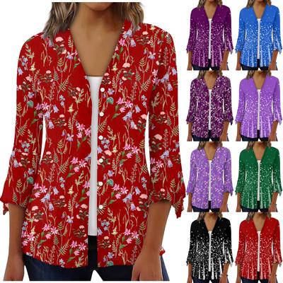 Женская рубашка, блузка, верхняя одежда с принтом, рукав 3/4, повседневные праздничные базовые топы на пуговицах