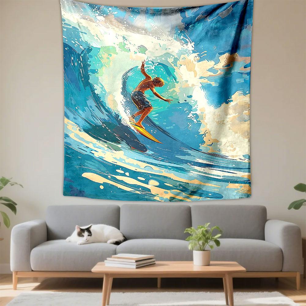 Surfer Carving Big Blue Wave Painterly Ocean Wall Tapestry Surfing Decor for Bedroom Living Room Dorm Gift