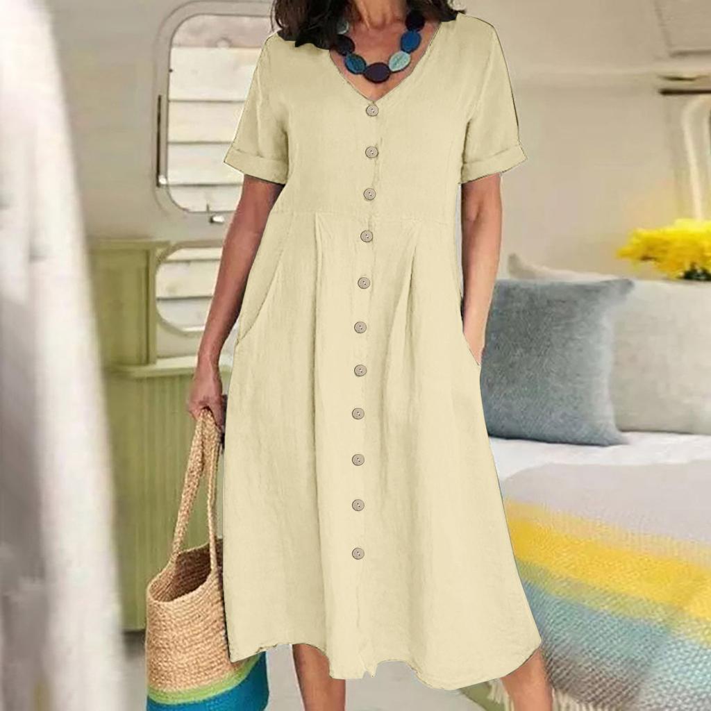 Женские повседневные свободные летние платья средней длины из хлопка и льна с v-образным вырезом на пуговицах и коротким рукавом