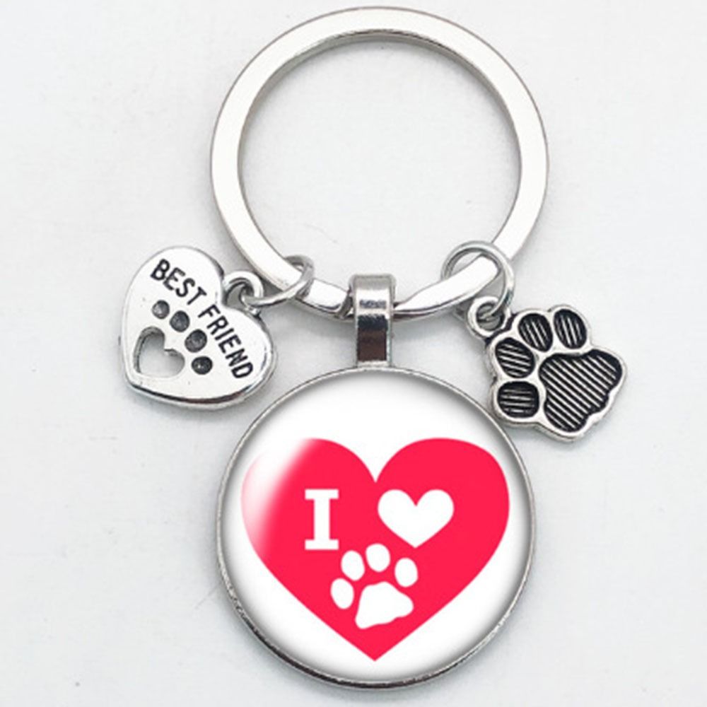 Love Cat Pet Footprints Car Key Chain Cartoon Key Holder Fashion Glass Cabochon Key Ring Men Women