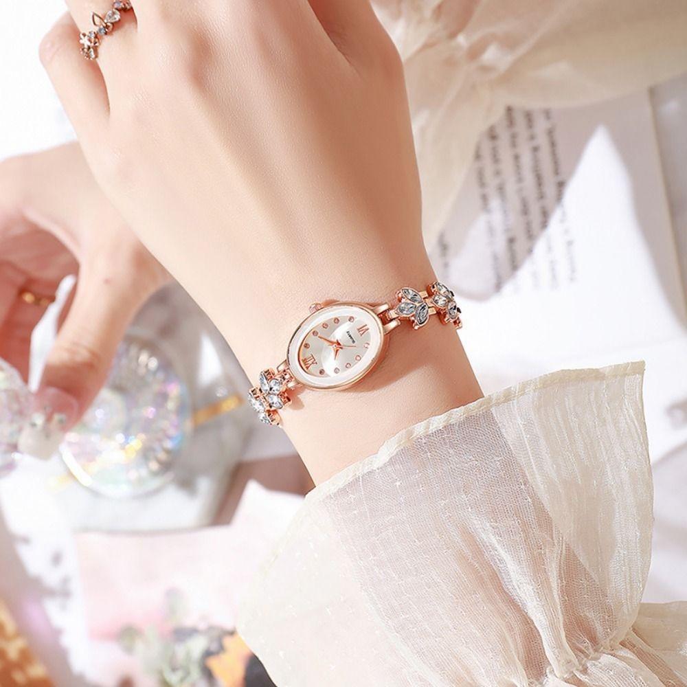 Rhinestone Quartz Ladies Watch Bracelet-Style Analog Watch 3-Leaf Clover Wristwatch Women