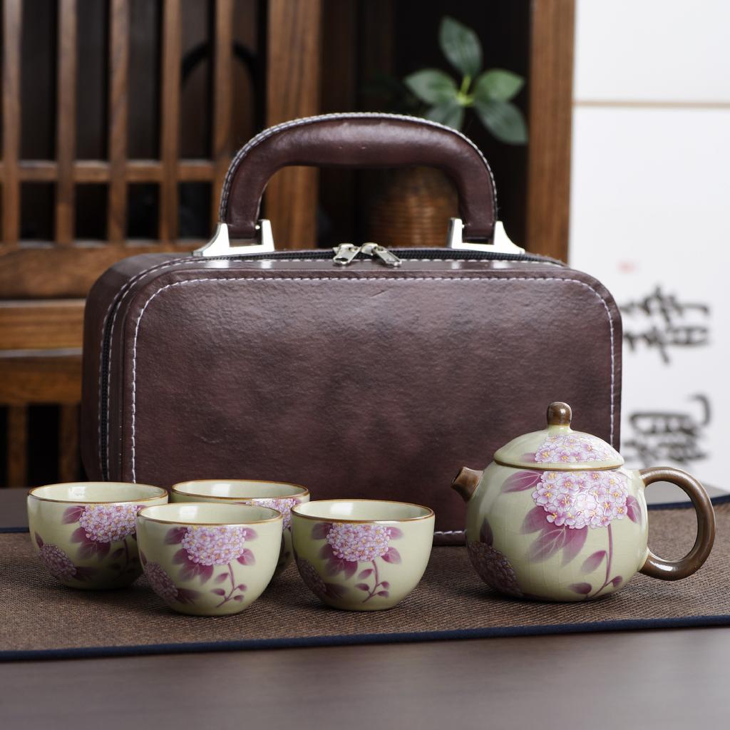 Ru Kiln Travel Tea Set One Pot Four Cups With Gift Box Outdoor Portable Tea Pot Ceramic Business Gifts