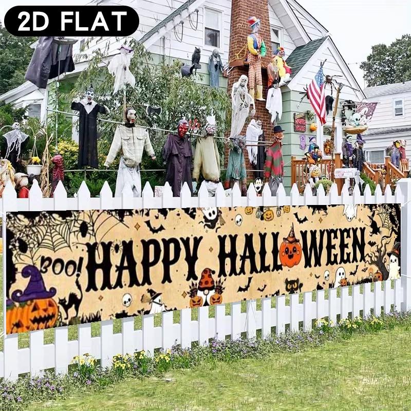 Happy Halloween Pennant Flag, Pumpkins Ghosts Bats Skulls Design, Polyester Outdoor Garden Celebration Decoration