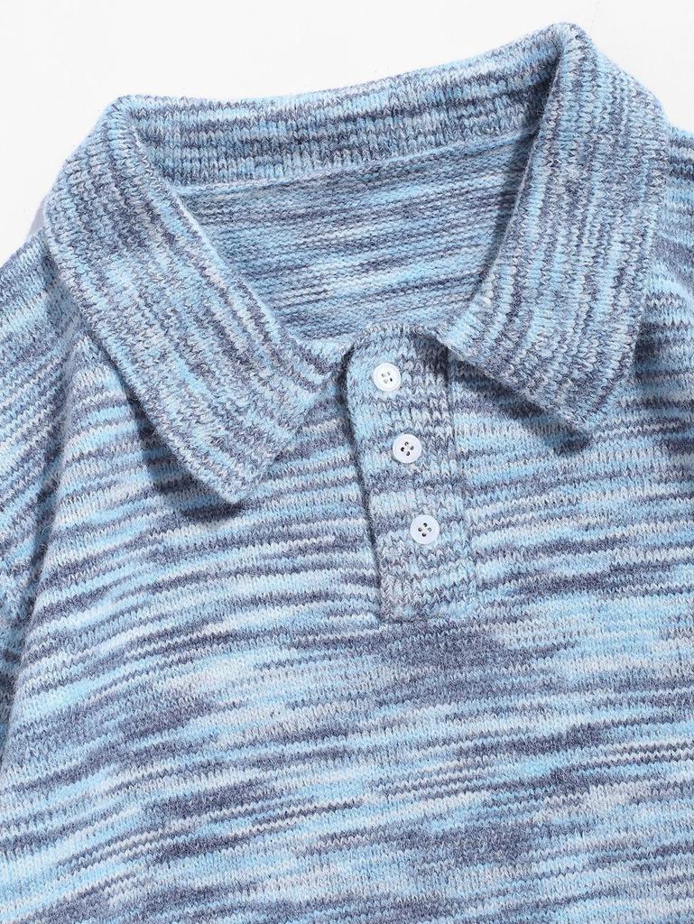 Мужской пуловер из многоцветной пряжи омбре с поло-воротником на половину застегивающимся на пуговицы и длинными рукавами