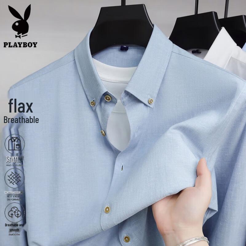 PLAYBOY Мужская дышащая рубашка из смесовой хлопково-льняной ткани