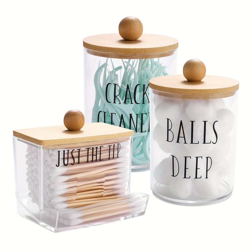 3pcs/set Cotton Swab Holder and Cotton Round Pad Dispenser with Bamboo Lid Clear Acrylic Containers for Cotton Swab/ball