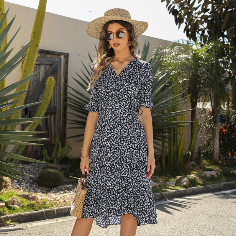 YYFS Женская мода лето весна цветочный узор принт с коротким рукавом V-образным вырезом с высокой талией повседневные платья