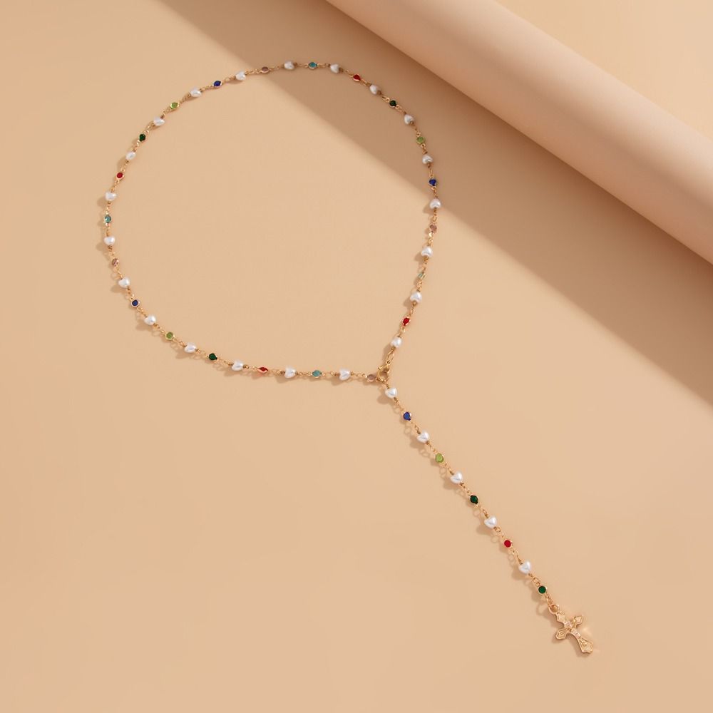 Длинная цепочка с кристаллами Y-образной формы Богемное ретро колье-цепочка на ключицу с подвеской в виде креста Повседневное